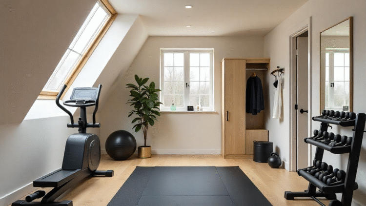 Modern attic home gym with skylight, exercise equipment, and minimalist design by The Irish Attic Company.