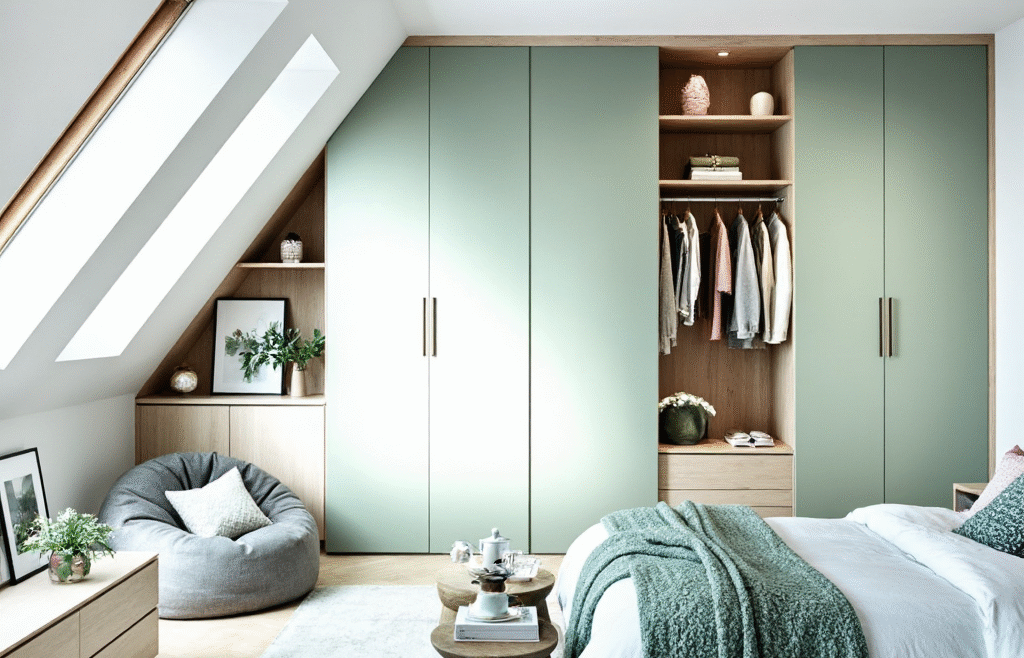 Modern attic bedroom with custom green wardrobes, skylights, and minimalist decor by The Irish Attic Company.