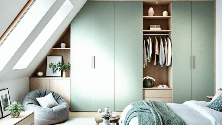 Modern attic bedroom with custom green wardrobes, skylights, and minimalist decor by The Irish Attic Company.