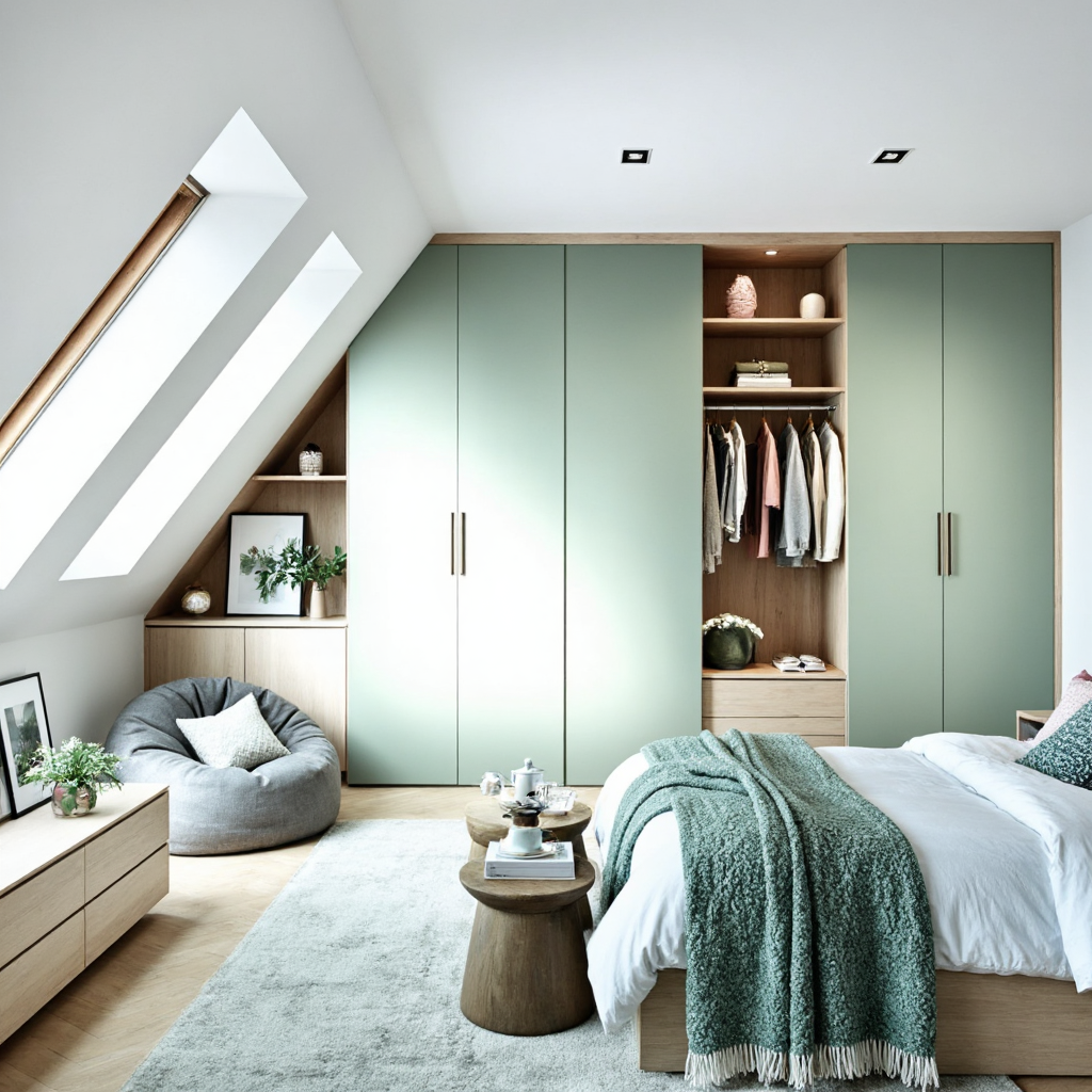 Modern attic bedroom with custom green wardrobes, skylights, and minimalist decor by The Irish Attic Company.