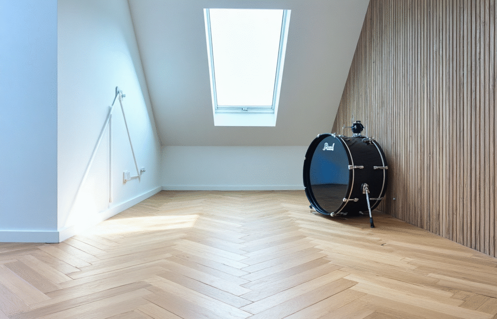Minimalist attic space with skylight, wood panel feature wall, and herringbone flooring by The Irish Attic Company.