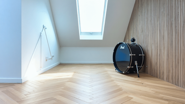 Minimalist attic space with skylight, wood panel feature wall, and herringbone flooring by The Irish Attic Company.
