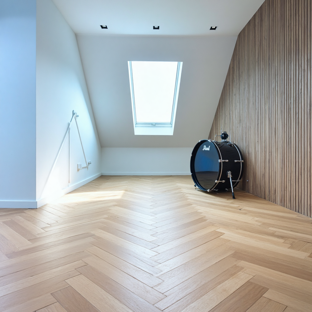 Minimalist attic space with skylight, wood panel feature wall, and herringbone flooring by The Irish Attic Company.