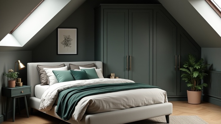 Elegant attic bedroom featuring bespoke built-in wardrobes, skylights, and a modern upholstered bed with green and neutral accents.