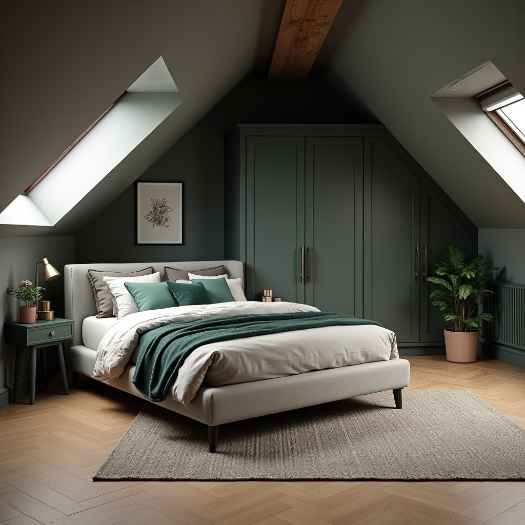 Elegant attic bedroom featuring bespoke built-in wardrobes, skylights, and a modern upholstered bed with green and neutral accents.