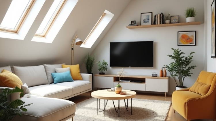 Modern attic living room with skylights, bespoke furniture, and bright, contemporary decor by The Irish Attic Company.