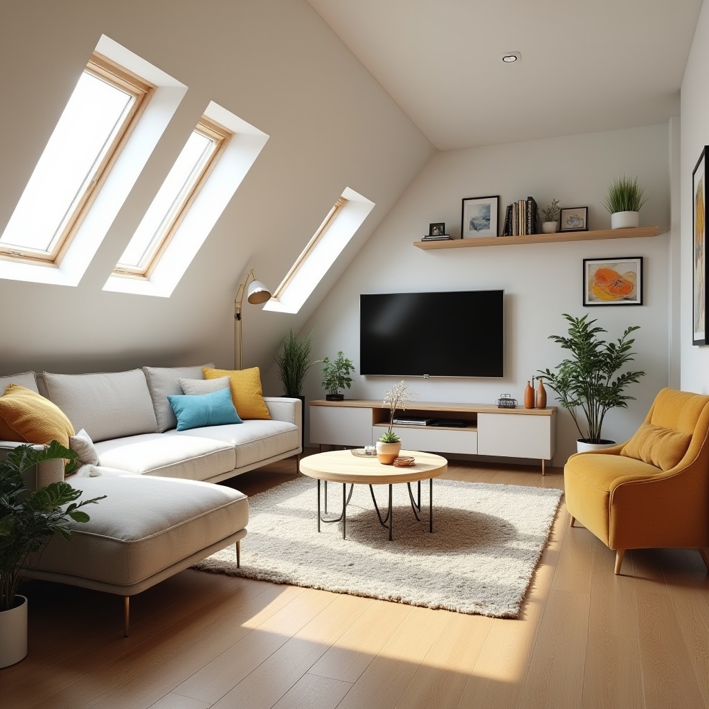 Modern attic living room with skylights, bespoke furniture, and bright, contemporary decor by The Irish Attic Company.