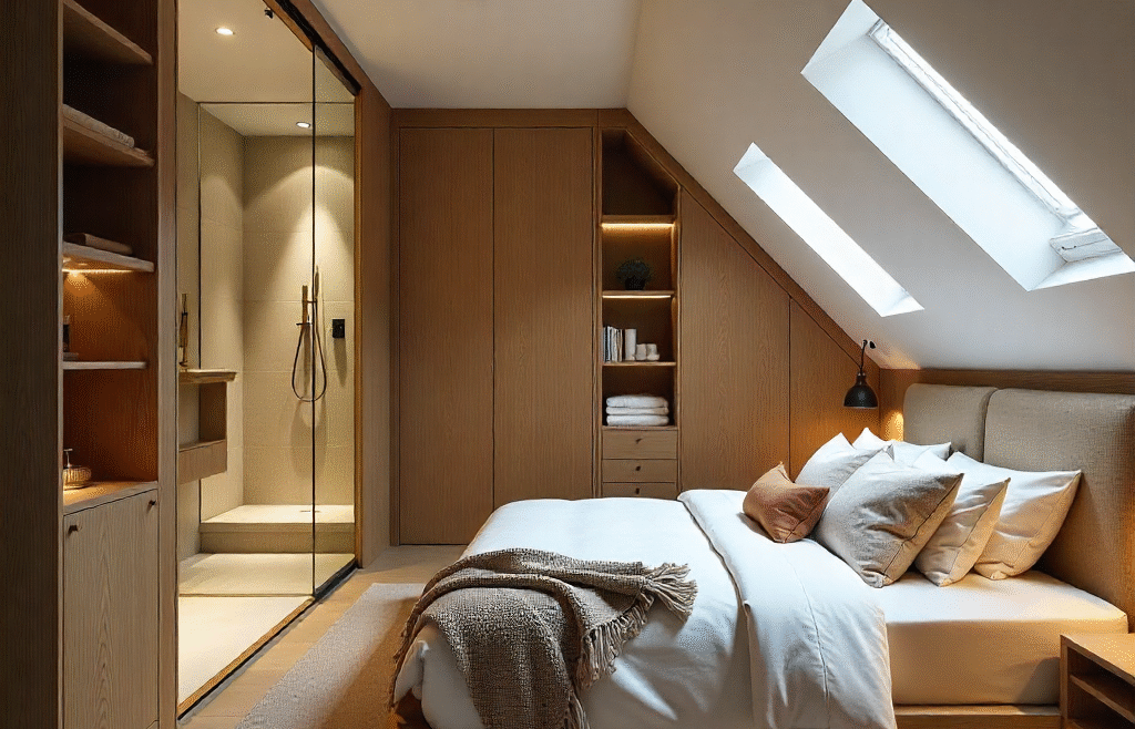 Cozy attic guest suite with skylights, bespoke wardrobes, and neutral-toned bedding in a modern eccentric style.