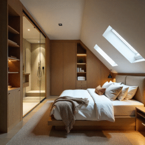 Cozy attic guest suite with skylights, bespoke wardrobes, and neutral-toned bedding in a modern eccentric style.