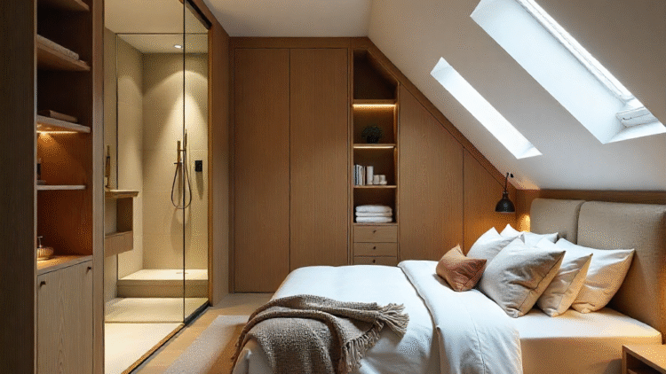 Cozy attic guest suite with skylights, bespoke wardrobes, and neutral-toned bedding in a modern eccentric style.