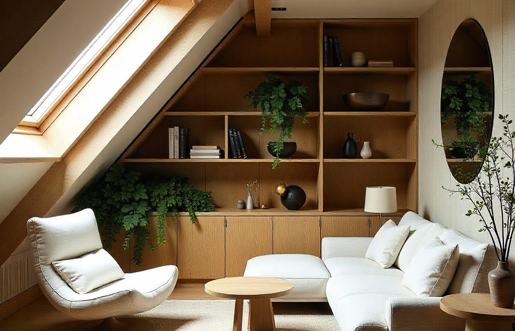 Biophilic attic living space with skylights, greenery, bespoke shelving, and refined neutral tones.