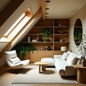 Biophilic attic living space with skylights, greenery, bespoke shelving, and refined neutral tones.