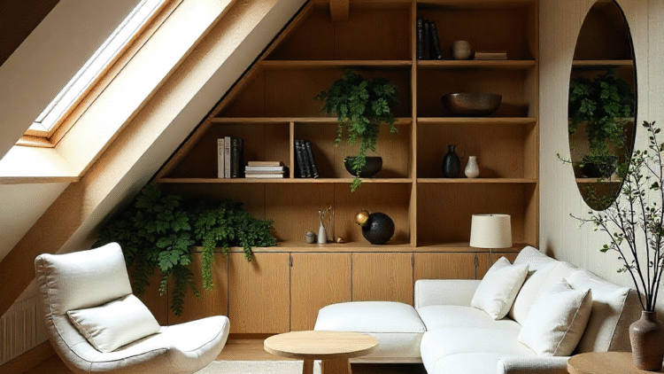 Biophilic attic living space with skylights, greenery, bespoke shelving, and refined neutral tones.
