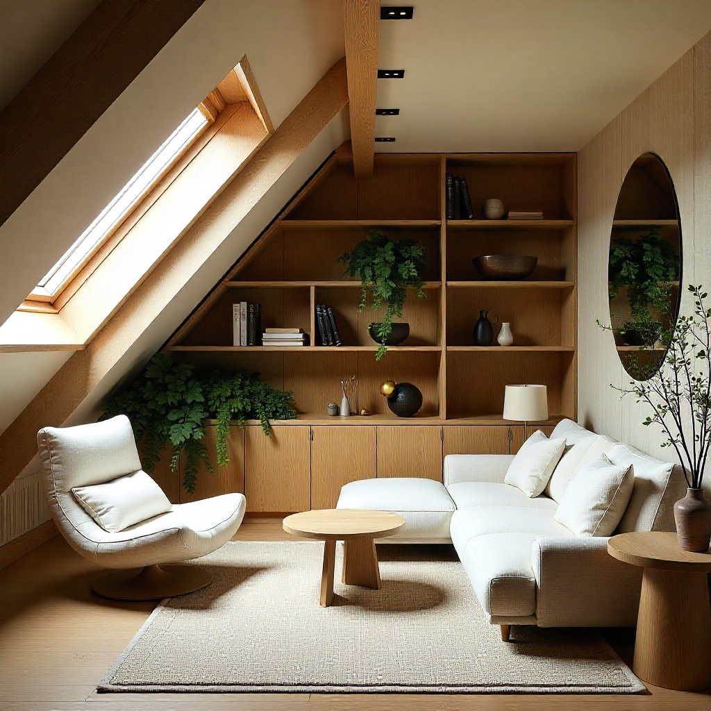 Biophilic attic living space with skylights, greenery, bespoke shelving, and refined neutral tones.