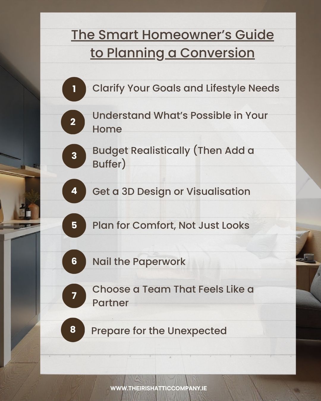 Checklist graphic titled “The Smart Homeowner’s Guide to Planning a Conversion,” placed over a modern attic interior with warm lighting.