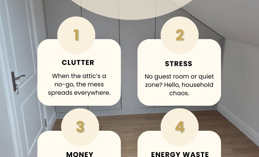 Graphic showing the hidden costs of wasted attic space, including clutter, stress, energy loss, and reduced property value.