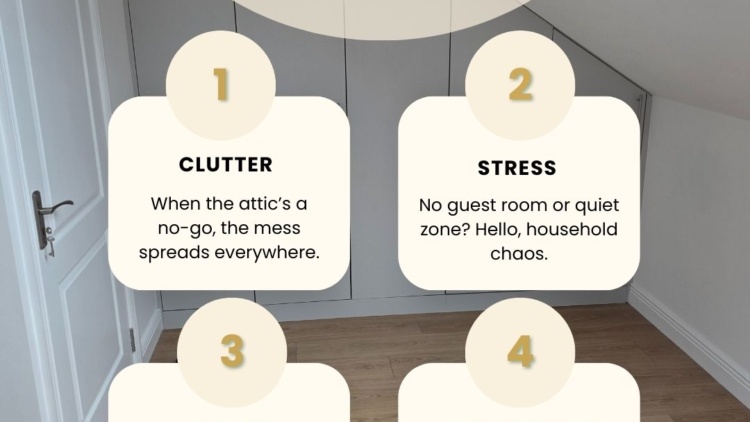 Graphic showing the hidden costs of wasted attic space, including clutter, stress, energy loss, and reduced property value.