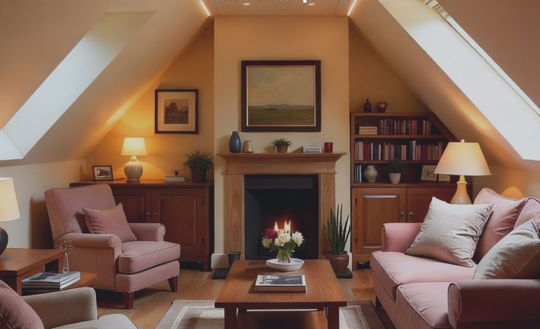 Warm attic living room with sloped ceilings, skylights, a central fireplace, armchairs, and a cozy sofa in soft red tones—styled for comfort and relaxation.