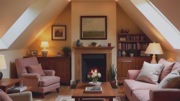 Warm attic living room with sloped ceilings, skylights, a central fireplace, armchairs, and a cozy sofa in soft red tones—styled for comfort and relaxation.
