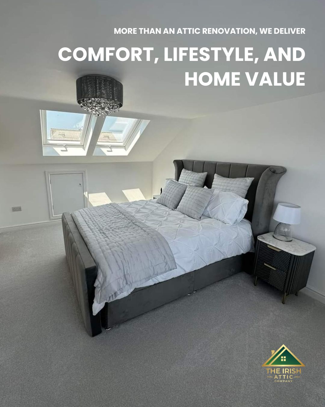 Modern attic bedroom with grey carpet, large skylights, and a plush double bed—showcasing post-renovation comfort and natural light.