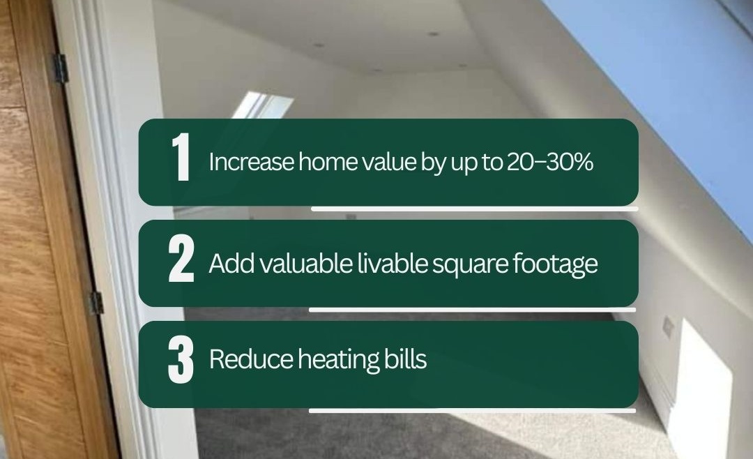 Infographic showing three financial benefits of converting an attic: increased home value, added livable space, and reduced heating bills.