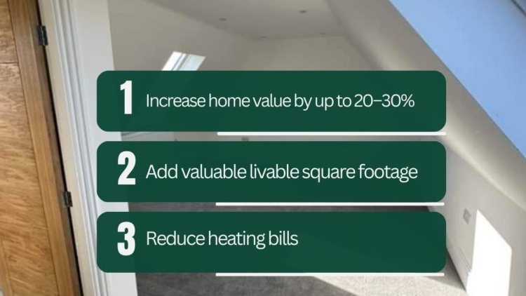 Infographic showing three financial benefits of converting an attic: increased home value, added livable space, and reduced heating bills.