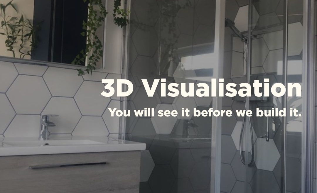 3D visualisation bathroom mockup showing modern grey tile shower and vanity, part of attic renovation by The Irish Attic Company.