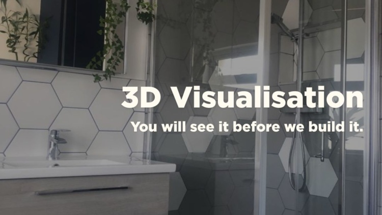 3D visualisation bathroom mockup showing modern grey tile shower and vanity, part of attic renovation by The Irish Attic Company.