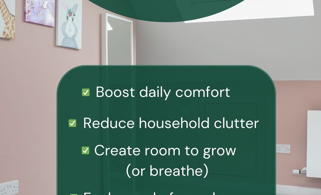 Attic conversion graphic with benefits listed, including boosting comfort, reducing clutter, creating room to grow and feeling proud of your home.