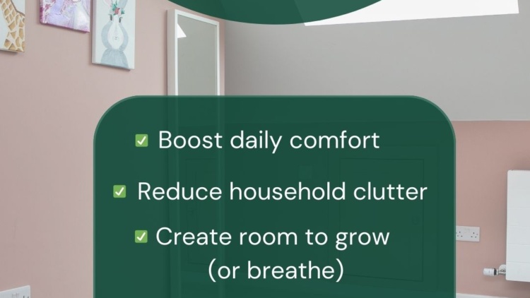 Attic conversion graphic with benefits listed, including boosting comfort, reducing clutter, creating room to grow and feeling proud of your home.