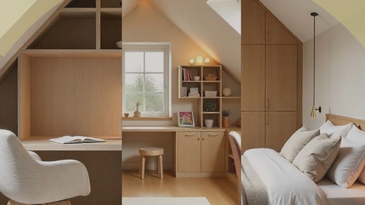Attic conversion example showing three layouts: a home office, a playroom, and a bedroom, demonstrating different attic possibilities.