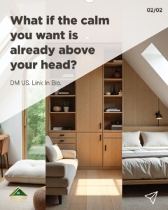 Calm attic bedroom with built-in wooden storage, shelving, and drawers under sloped ceilings, filled with natural light from skylight windows.