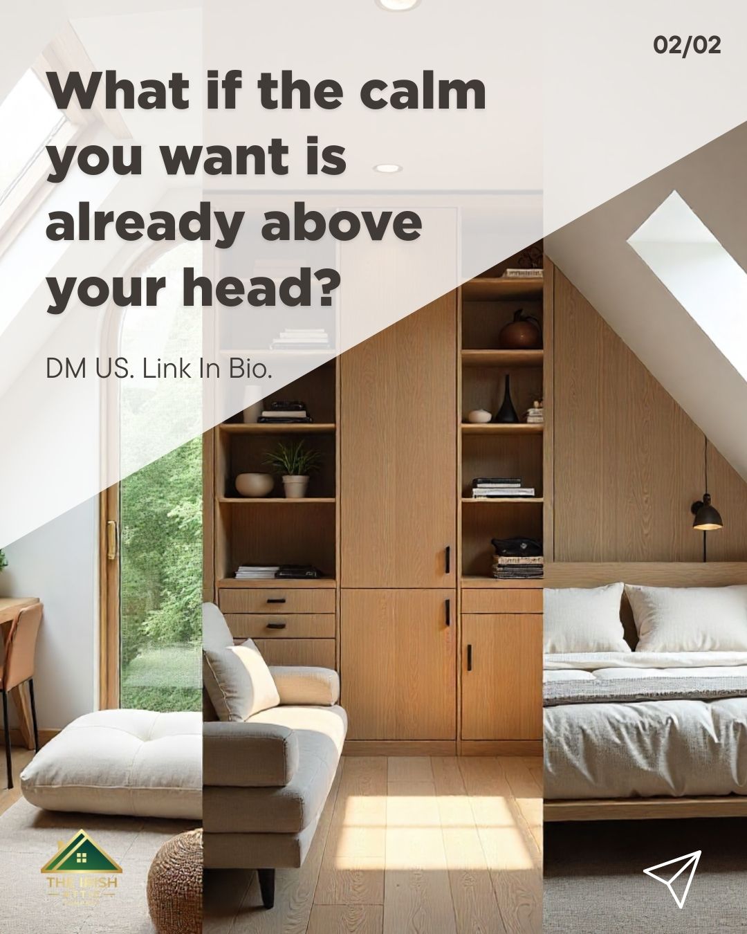 Calm attic bedroom with built-in wooden storage, shelving, and drawers under sloped ceilings, filled with natural light from skylight windows.