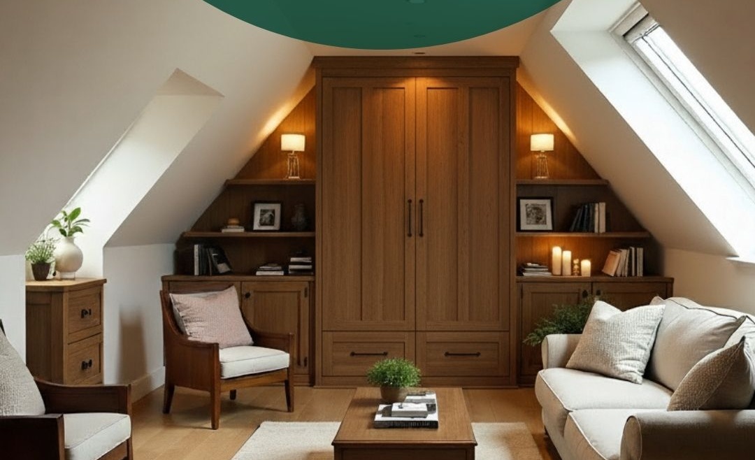 Finished attic living space with built-in wardrobes, seating, and warm lighting under sloped ceilings, showcasing a completed attic conversion.