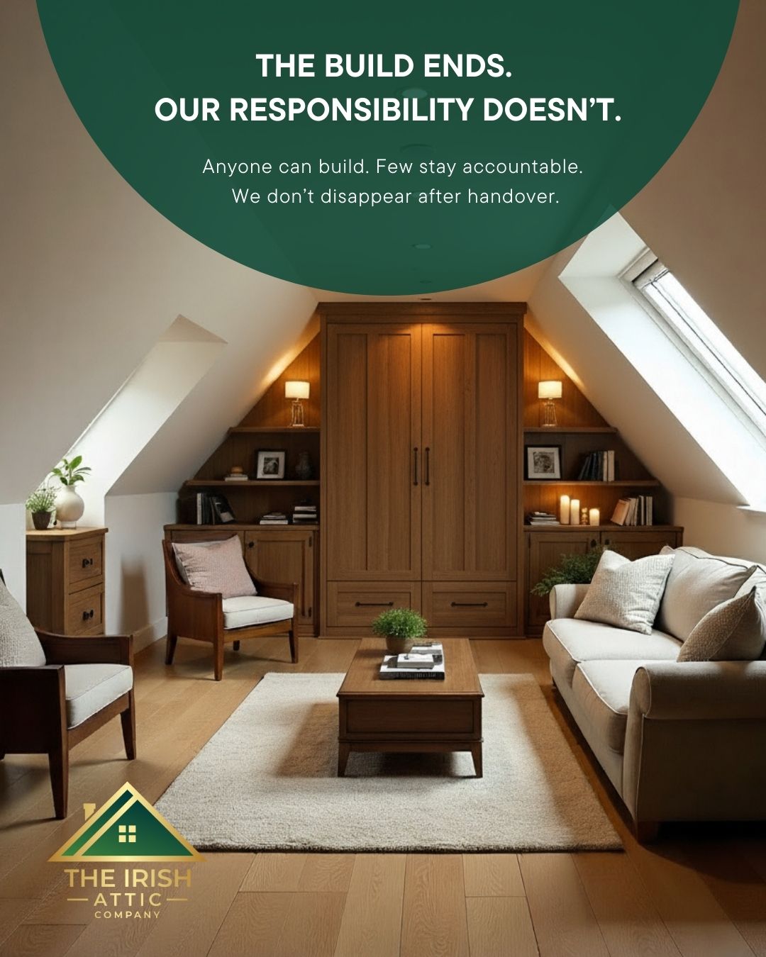 Finished attic living space with built-in wardrobes, seating, and warm lighting under sloped ceilings, showcasing a completed attic conversion.