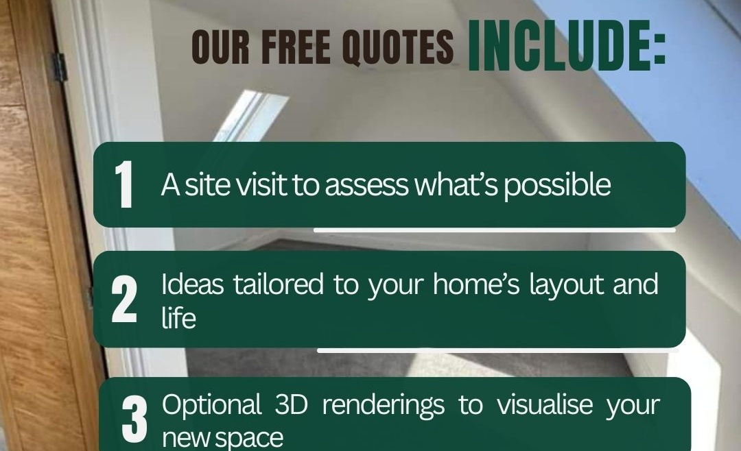 Free attic quote checklist showing site visit, tailored design ideas, and optional 3D attic renderings by The Irish Attic Company in a bright converted attic space.