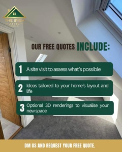 Free attic quote checklist showing site visit, tailored design ideas, and optional 3D attic renderings by The Irish Attic Company in a bright converted attic space.