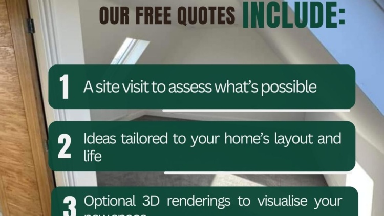 Free attic quote checklist showing site visit, tailored design ideas, and optional 3D attic renderings by The Irish Attic Company in a bright converted attic space.