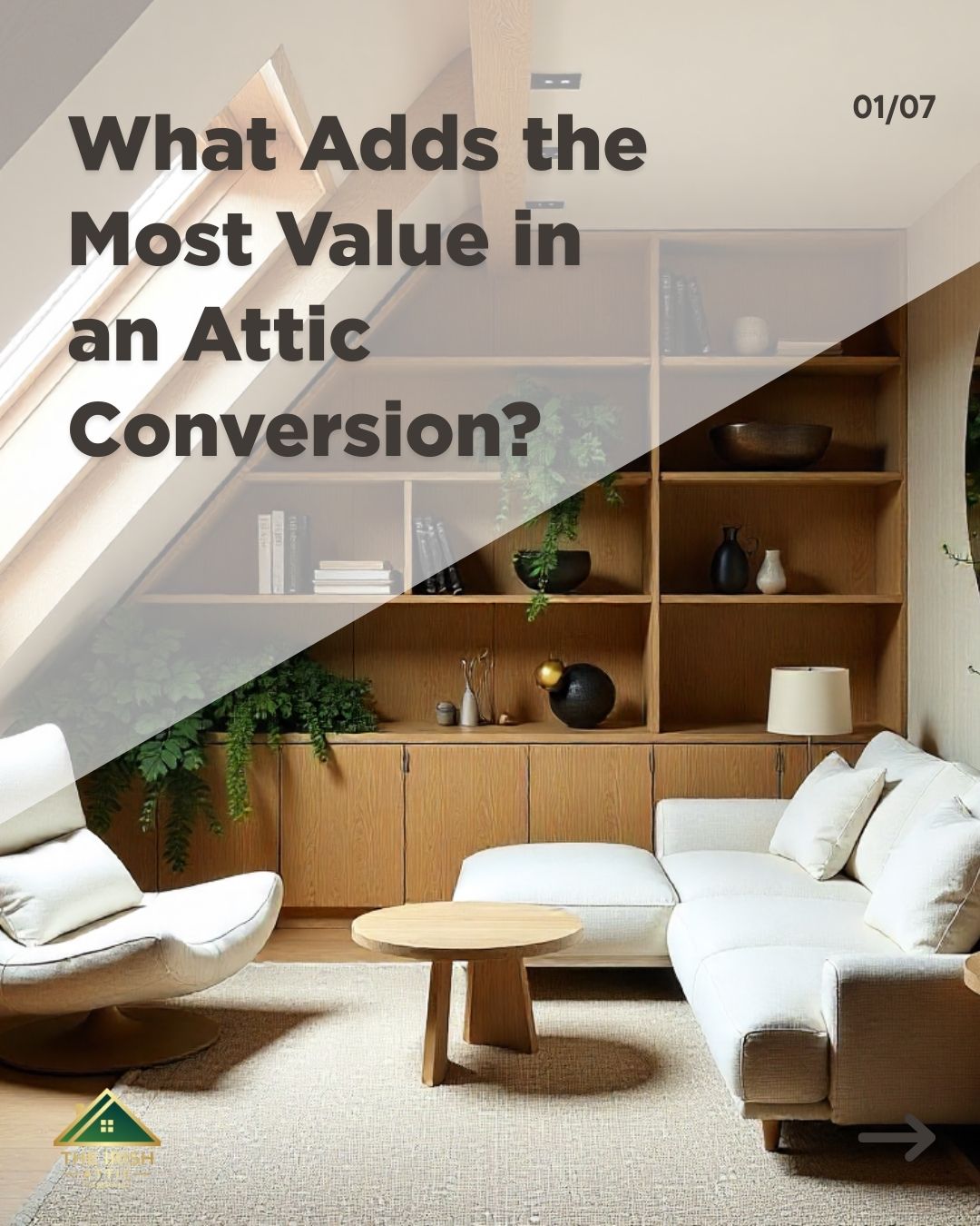 Modern attic lounge with built-in shelving, skylight, and minimalist decor