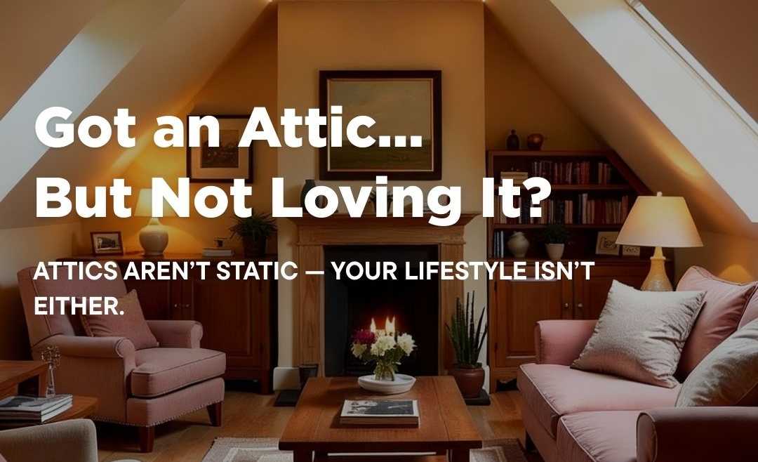 Warm attic living space with fireplace, skylights, and soft ambient lighting