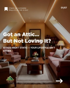 Warm attic living space with fireplace, skylights, and soft ambient lighting