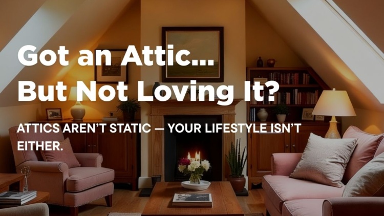 Warm attic living space with fireplace, skylights, and soft ambient lighting