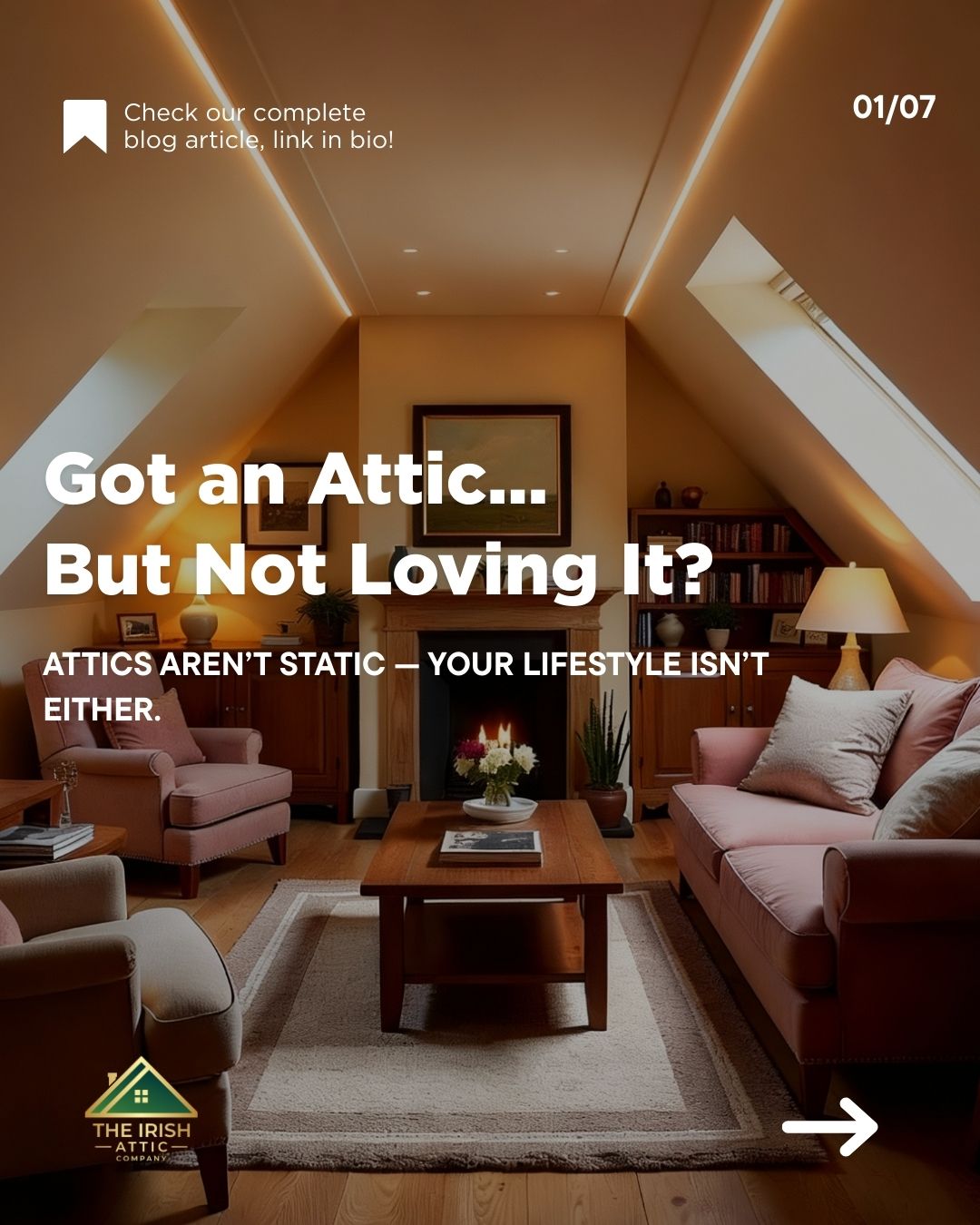 Warm attic living space with fireplace, skylights, and soft ambient lighting