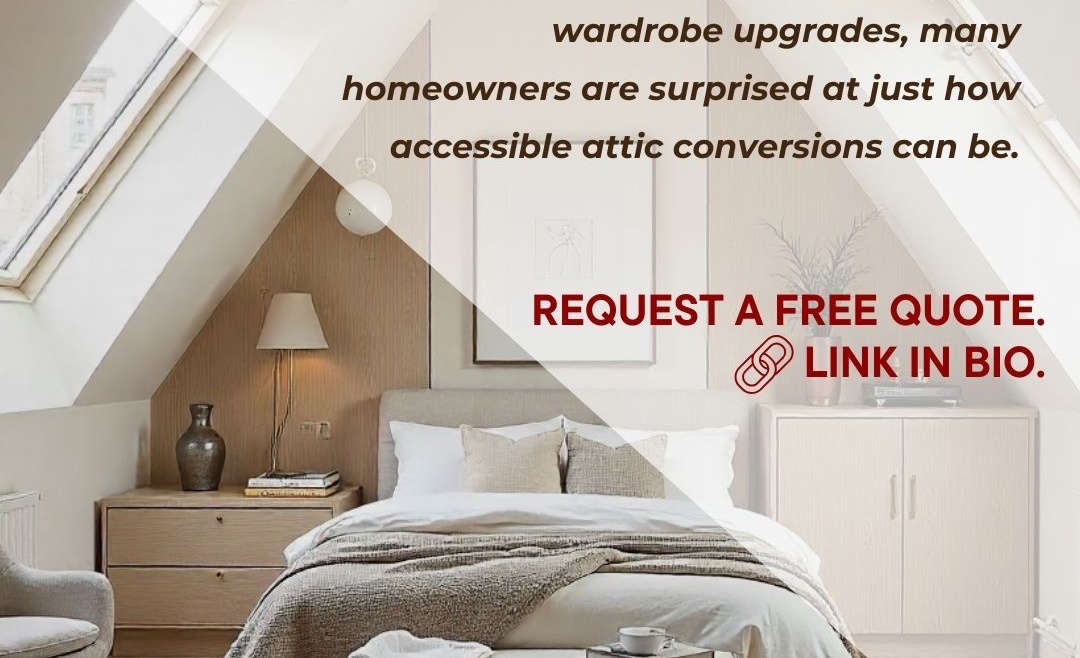 Modern attic bedroom with soft neutral tones, skylight, and text addressing attic conversion costs