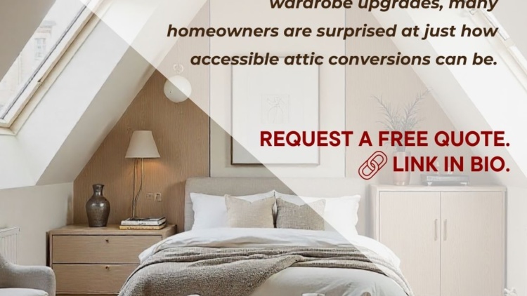Modern attic bedroom with soft neutral tones, skylight, and text addressing attic conversion costs