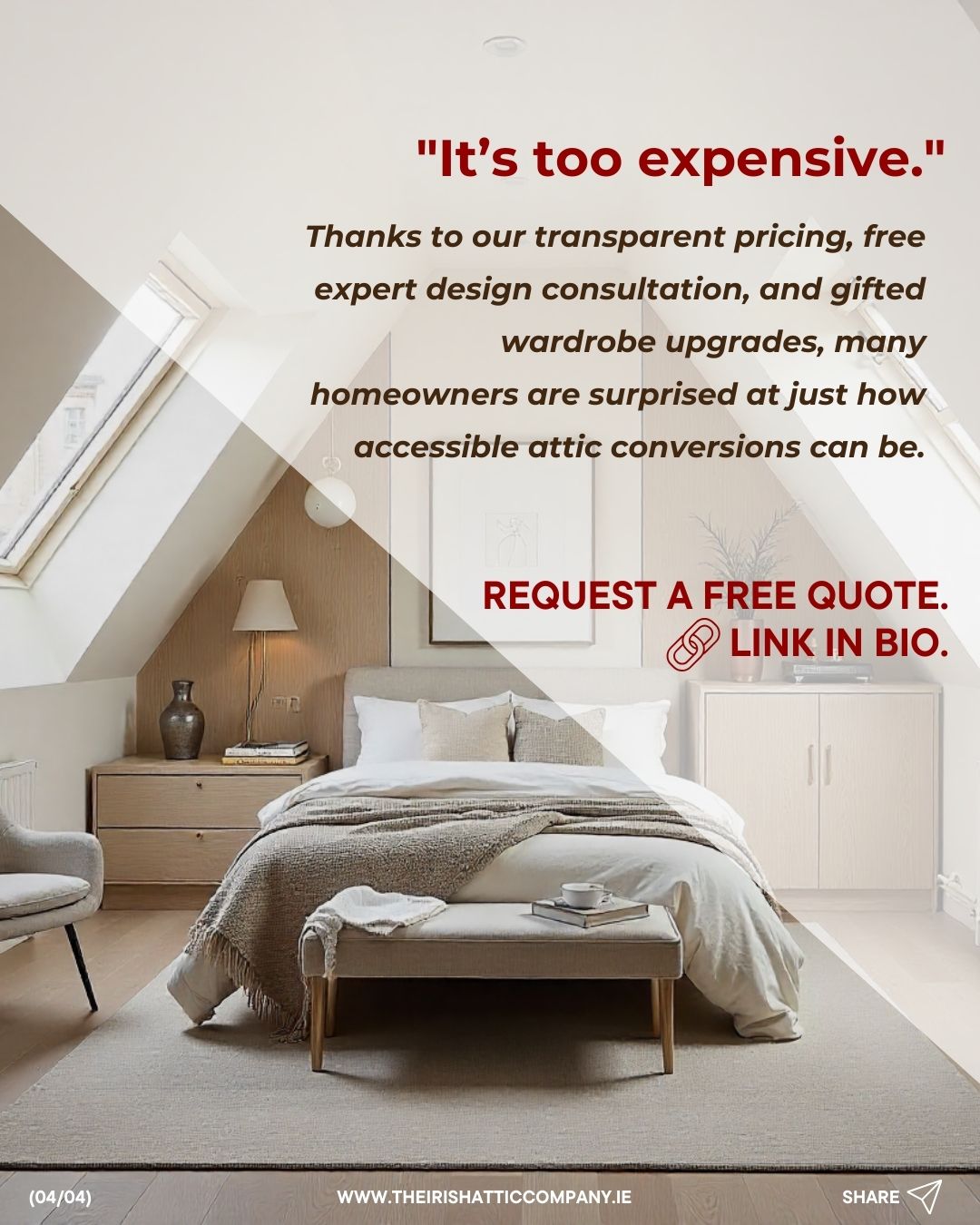 Modern attic bedroom with soft neutral tones, skylight, and text addressing attic conversion costs