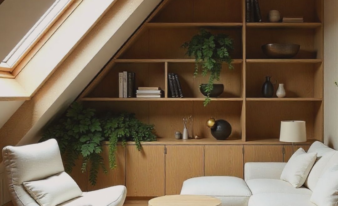 Modern attic converted into cozy reading retreat with armchair, skylight, and built-in wooden shelves