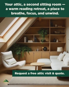 Modern attic converted into cozy reading retreat with armchair, skylight, and built-in wooden shelves