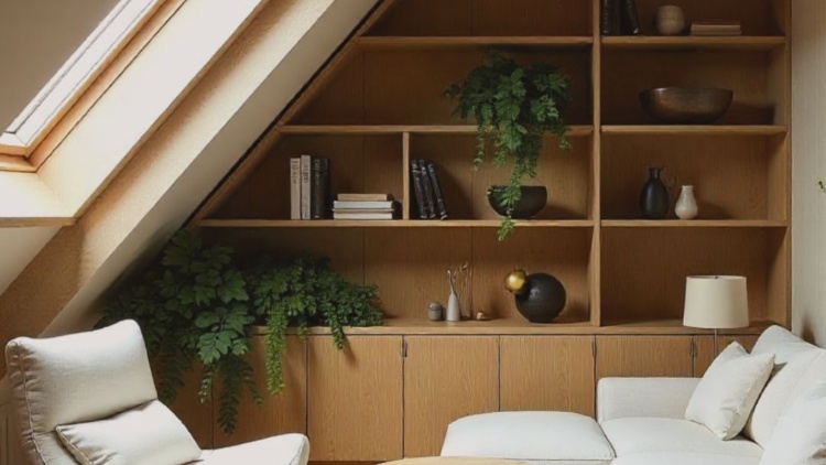Modern attic converted into cozy reading retreat with armchair, skylight, and built-in wooden shelves